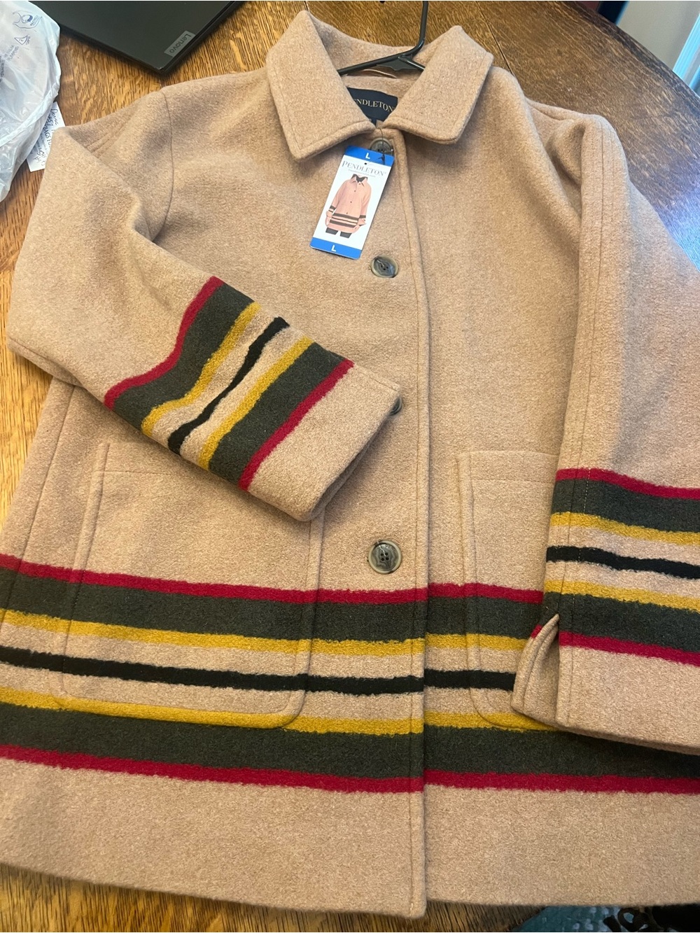 NEW Pendleton womens Beige Wool Peacoat with Red, Green, Yellow & Black Stripes